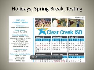Holidays, Spring Break, Testing
 