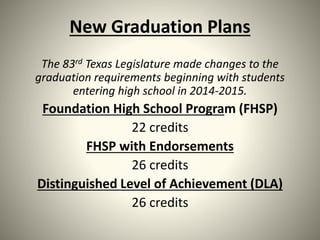 New Graduation Plans
The 83rd Texas Legislature made changes to the
graduation requirements beginning with students
entering high school in 2014-2015.
Foundation High School Program (FHSP)
22 credits
FHSP with Endorsements
26 credits
Distinguished Level of Achievement (DLA)
26 credits
 