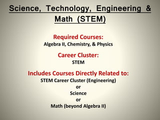 Science, Technology, Engineering &
Math (STEM)
Required Courses:
Algebra II, Chemistry, & Physics
Career Cluster:
STEM
Includes Courses Directly Related to:
STEM Career Cluster (Engineering)
or
Science
or
Math (beyond Algebra II)
 