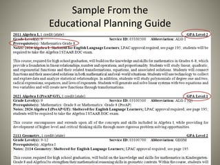 Sample From the
Educational Planning Guide
 