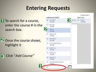 Entering Requests
To search for a course,
enter the course # in the
search box.
Once the course shows,
highlight it
Click “Add Course”
 