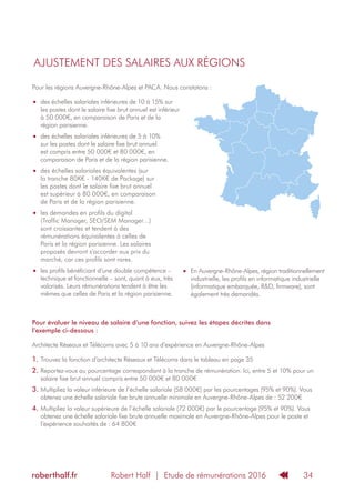 Robert Half | Etude de rémunérations 2016roberthalf.fr 34
AJUSTEMENT DES SALAIRES AUX RÉGIONS
Pour les régions Auvergne-Rhône-Alpes et PACA. Nous constatons :
•	des échelles salariales inférieures de 10 à 15% sur
les postes dont le salaire fixe brut annuel est inférieur
à 50 000€, en comparaison de Paris et de la
région parisienne.
•	des échelles salariales inférieures de 5 à 10%
sur les postes dont le salaire fixe brut annuel
est compris entre 50 000€ et 80 000€, en
comparaison de Paris et de la région parisienne.
•	des échelles salariales équivalentes (sur
la tranche 80K€ - 140K€ de Package) sur
les postes dont le salaire fixe brut annuel
est supérieur à 80 000€, en comparaison
de Paris et de la région parisienne.
•	les demandes en profils du digital
(Traffic Manager, SEO/SEM Manager…)
sont croissantes et tendent à des
rémunérations équivalentes à celles de
Paris et la région parisienne. Les salaires
proposés devront s’accorder aux prix du
marché, car ces profils sont rares.
•	les profils bénéficiant d’une double compétence –
technique et fonctionnelle – sont, quant à eux, très
valorisés. Leurs rémunérations tendent à être les
mêmes que celles de Paris et la région parisienne.
Pour évaluer le niveau de salaire d’une fonction, suivez les étapes décrites dans
l’exemple ci-dessous :
Architecte Réseaux et Télécoms avec 5 à 10 ans d’expérience en Auvergne-Rhône-Alpes
1.	Trouvez la fonction d’architecte Réseaux et Télécoms dans le tableau en page 35
2.	Reportez-vous au pourcentage correspondant à la tranche de rémunération. Ici, entre 5 et 10% pour un
salaire fixe brut annuel compris entre 50 000€ et 80 000€
3.	Multipliez la valeur inférieure de l’échelle salariale (58 000€) par les pourcentages (95% et 90%). Vous
obtenez une échelle salariale fixe brute annuelle minimale en Auvergne-Rhône-Alpes de : 52 200€
4.	Multipliez la valeur supérieure de l’échelle salariale (72 000€) par le pourcentage (95% et 90%). Vous
obtenez une échelle salariale fixe brute annuelle maximale en Auvergne-Rhône-Alpes pour le poste et
l’expérience souhaités de : 64 800€
•	En Auvergne-Rhône-Alpes, région traditionnellement
industrielle, les profils en informatique industrielle
(informatique embarquée, R&D, firmware), sont
également très demandés.
 