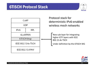 PerLab
Towards the Internet of Relevant Things 115
6TiSCH Protocol Stack
New sub‐layer for integrating 
higher IETF layers with IEEE 
802.15.4e TSCH
Under definition by the 6TiSCH WG
Protocol stack for 
deterministic IPv6‐enabled 
wireless mesh networks
 