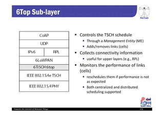 PerLab
Towards the Internet of Relevant Things 116
6Top Sub-layer
 Controls the TSCH schedule
 Through a Management Entity (ME) 
 Adds/removes links (cells)
 Collects connectivity information 
 useful for upper layers (e.g., RPL)
 Monitors the performance of links 
(cells)
 reschedules them if performance is not 
as expected
 Both centralized and distributed 
scheduling supported
 