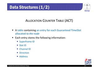 PerLab
Towards the Internet of Relevant Things 37
ALLOCATION COUNTER TABLE (ACT)
 A table containing an entry for each Guaranteed TimeSlot
allocated to the node
 Each entry stores the following information:
 Superframe ID
 Slot ID
 Channel ID 
 Direction
 Address
Data Structures (1/2)
 