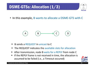 PerLab
Towards the Internet of Relevant Things 40
 B sends a REQUEST in unicast to C
 The REQUEST indicates the available slots for allocation
A B C D
• In this example, B wants to allocate a DSME‐GTS with C
DSME-GTSs: Allocation (1/3)
 After transmission, node B waits for a REPLY from node C 
 If the REPLY frame is not received in time, the allocation is 
assumed to be failed (i.e., a Timeout occured)
 