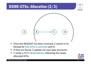 PerLab
Towards the Internet of Relevant Things 41
A B C D
 Once the REQUEST has been received, C search in its 
bitmap for free GTSs in common with B
 If they are found, C updates its own data structures
 C sends a REPLY in Broadcast, indicating the newly 
allocated GTSs
DSME-GTSs: Allocation (2/3)
 