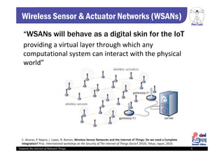 PerLab
Towards the Internet of Relevant Things 5
Wireless Sensor & Actuator Networks (WSANs)
“WSANs will behave as a digital skin for the IoT
providing a virtual layer through which any 
computational system can interact with the physical 
world” 
C. Alcaraz, P. Najera, J. Lopez, R. Roman, Wireless Sensor Networks and the Internet of Things: Do we need a Complete 
Integration? Proc. International workshop on the Security of The internet of Things (SecIoT 2010), Tokyo, Japan, 2010.
 