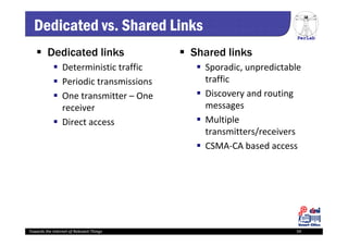 PerLab
Towards the Internet of Relevant Things 59
Dedicated vs. Shared Links
 Dedicated links
 Deterministic traffic
 Periodic transmissions
 One transmitter – One 
receiver
 Direct access
 Shared links
 Sporadic, unpredictable 
traffic
 Discovery and routing 
messages
 Multiple 
transmitters/receivers
 CSMA‐CA based access
 