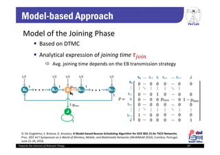 PerLab
Towards the Internet of Relevant Things 87
Model-based Approach
Model of the Joining Phase
 Based on DTMC
 Analytical expression of joining time 
 Avg. joining time depends on the EB transmission strategy
D. De Guglielmo, S. Brienza, G. Anastasi, A Model‐based Beacon Scheduling Algorithm for IEEE 802.15.4e TSCH Networks, 
Proc. IEEE Int’l Symposium on a World of Wireless, Mobile, and Multimedia Networks (WoWMoM 2016), Coimbra, Portugal, 
June 21‐24, 2016.
 