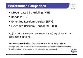 PerLab
Towards the Internet of Relevant Things 91
Performance Comparison
 Model‐based Scheduling (MBS)
 Random (RD)
 Extended Random Vertical (ERV)
 Extended Random Horizontal (ERH)
Nb (# of EBs advertised per superframe) equal for all the 
considered options
Performance Index: Avg. Network Formation Time
average time (in # of timeslots) from when the PAN coordinator transmits the 
first EB to when the last node in the group joins the network
 
