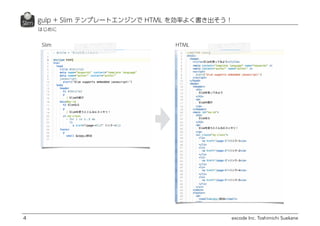 excode Inc. Toshimichi Suekane4
はじめに
gulp + Slim テンプレートエンジンで HTML を効率よく書き出そう！
Slim HTML
 