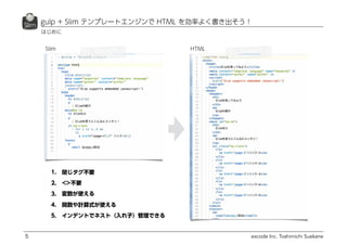 excode Inc. Toshimichi Suekane5
はじめに
gulp + Slim テンプレートエンジンで HTML を効率よく書き出そう！
Slim HTML
1. 閉じタグ不要
2. <>不要
3. 変数が使える
4. 関数や計算式が使える
5. インデントでネスト（入れ子）管理できる
 