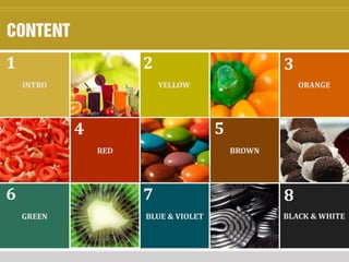 ORANGE
32
YELLOW
BLACK & WHITE
8
1
INTRO
4
RED
5
BROWN
6
GREEN
7
BLUE & VIOLET
CONTENT
 