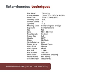 File Name Canon.jpg
Camera Model Canon EOS DIGITAL REBEL
Date/Time 2003:12:04 06:46:52
Shooting Mode Bulb
Shutter Speed 4
Aperture 14.0
Metering Mode Center-weighted average
Exposure Compensation 0
ISO 100
Lens 18.0 - 55.0 mm
Focal Length 34.0 mm
Image Size 8x8
Quality RAW
Flash No Flash
White Balance Auto
Focus Mode Manual Focus
Color Tone Normal
Color Space sRGB
File Size 2.6 kB
File Number 118-1861
Drive Mode Continuous Shooting
Owner Name Phil Harvey
Serial Number 0560018150
Recommandation EXIF [ JEITA & CIPA, 1995-2010 ]
Méta-données techniques
 