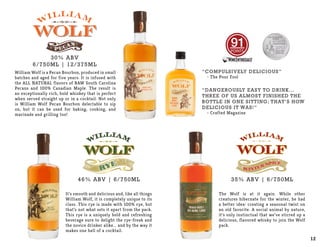 William Wolf is a Pecan Bourbon, produced in small
batches and aged for five years. It is infused with
the ALL NATURAL flavors of RAW South Carolina
Pecans and 100% Canadian Maple. The result is
an exceptionally rich, bold whiskey that is perfect
when served straight up or in a cocktail. Not only
is William Wolf Pecan Bourbon delectable to sip
on, but it can be used for baking, cooking, and
marinade and grilling too!
“Compulsively Delicious”
- The Pour Fool
“Dangerously easy to drink...
three of us almost finished the
bottle in one sitting; that’s how
delicious it was!”
- Crafted Magazine
30% ABV
6/750ML | 12/375ML
POINTS
It’s smooth and delicious and, like all things
William Wolf, it is completely unique to its
class. This rye is made with 100% rye, but
that’s not what sets it apart from the pack.
This rye is a uniquely bold and refreshing
beverage sure to delight the rye-freak and
the novice drinker alike... and by the way it
makes one hell of a cocktail.
46% ABV | 6/750ML
RYE
RYE
The Wolf is at it again. While other
creatures hibernate for the winter, he had
a better idea: creating a seasonal twist on
an old favorite. A social animal by nature,
it’s only instinctual that we’ve stirred up a
delicious, flavored whisky to join the Wolf
pack.
35% ABV | 6/750ML
WINTER SPICE
WINTER SPICE
12
 