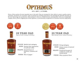Oliver y Oliver produce the most awarded rums in the world. They are renowned for their ability to ensure a quality, mature,
consistent, and diverse set of products. They are known for exceeding expectations and satisfying the demands and tastes of
the most discerning rum connoisseurs. They continue to thrive as a family business, retaining their status as an independent
company. Oliver y Oliver’s flagship spirit brand, Opthimus, is internationally recognized for its excellence and ultra-high quality.
COLOR
NOSE
PALATE
Finish
COLOR
NOSE
PALATE
Finish
Reddish dark mahogany
Presents faint impressions
of snuff and coffee
Smooth flavors of
hazelnuts, cinnamon and
oak
Hints of pepper
Strong mahogany
Intense aromas of matured
distillates
Exceptional bouquet of
cranberries, herbs and
toasted woods
Silky syrupiness flavor
43% ABV | 6/750ML
25 Year Old
Oporto Finish, Graham’s Distillery
25 Year Old
Malt Whisky Finish, Tomatin Distillery
18
 
