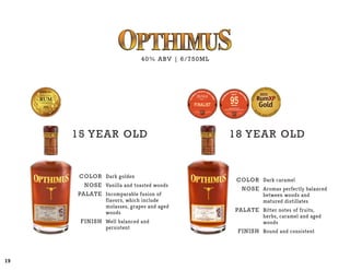 COLOR
NOSE
PALATE
Finish
COLOR
NOSE
PALATE
Finish
Dark golden
Vanilla and toasted woods
Incomparable fusion of
flavors, which include
molasses, grapes and aged
woods
Well balanced and
persistent
Dark caramel
Aromas perfectly balanced
between woods and
matured distillates
Bitter notes of fruits,
herbs, caramel and aged
woods
Round and consistent
40% ABV | 6/750ML
15 Year Old 18 Year Old
19
 