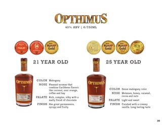 COLOR
NOSE
PALATE
Finish
COLOR
NOSE
PALATE
Finish
Mahogany
Pleasant aromas that
combine Caribbean flavors
like coconut, sour orange,
coffee and hay
Rich, complex, silky with a
malty finish of chocolate
Has great permanence,
syrupy and fruity
Dense mahogany color
Molasses, honey, caramel,
cocoa and nuts
Light and sweet
Finished with a creamy
vanilla. Long lasting taste
40% ABV | 6/750ML
21 Year Old 25 Year Old
20
 