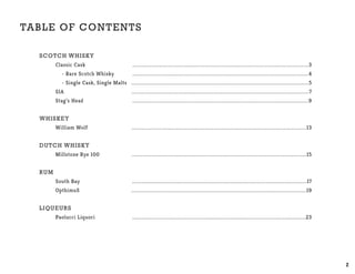 2
Scotch Whisky
	 Classic Cask
	 - Rare Scotch Whisky
	 - Single Cask, Single Malts
	SIA
	 Stag’s Head
Whiskey
	 William Wolf
Dutch Whisky
	 Millstone Rye 100
Rum
	 South Bay
	 OpthimuS
Liqueurs
	 Paolucci Liquori
...............................................................................................................................3
...............................................................................................................................4
................................................................................................................................5
................................................................................................................................7
...............................................................................................................................9
..............................................................................................................................13
..............................................................................................................................15
..............................................................................................................................17
..............................................................................................................................19
.............................................................................................................................23
TABLE OF CONTENTS
 