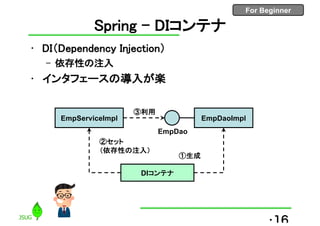 For Beginner
Spring - DIコンテナ
• DI（Dependency Injection）
– 依存性の注入
• インタフェースの導入が楽
•16
EmpServiceImpl
DIコンテナ
①生成
②セット
（依存性の注入）
③利用
EmpDaoImpl
EmpDao
 