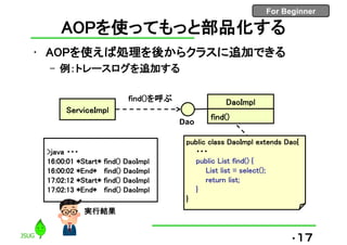 For Beginner
AOPを使ってもっと部品化する
• AOPを使えば処理を後からクラスに追加できる
– 例：トレースログを追加する
•17
public class DaoImpl extends Dao{
・・・
public List find() {
List list = select();
return list;
}
}
>java ・・・
16:00:01 *Start* find() DaoImpl
16:00:02 *End* find() DaoImpl
17:02:12 *Start* find() DaoImpl
17:02:13 *End* find() DaoImpl
DaoImpl
find()
ServiceImpl
find()を呼ぶ
Dao
実行結果
 