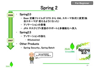 For Beginner
Spring 2
• Spring2.0
– Bean 定義ファイルが DTD から XML スキーマ形式に変更(独
自スキーマが 使えるようになった)
– アノテーションの登場
– JPA やスクリプト言語のサポートと多機能化へ突入
• Spring2.5
– アノテーションの強化
• @Autowired
• Other Products
– Spring Security、Spring Batch
2006
2007
21
Since2006
Springの知名度が
少しずつ上がってきた頃じゃ。
 