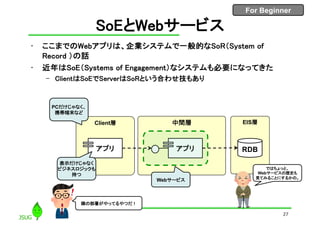 For Beginner
SoEとWebサービス
• ここまでのWebアプリは、企業システムで一般的なSoR（System of
Record ）の話
• 近年はSoE（Systems of Engagement）なシステムも必要になってきた
– ClientはSoEでServerはSoRという合わせ技もあり
27
EIS層中間層Client層
PCだけじゃなく、
携帯端末など
アプリ アプリ
表示だけじゃなく
ビジネスロジックも
持つ
Webサービス
隣の部署がやってるやつだ！
ではちょっと、
Webサービスの歴史も
見てみることにするかの。
RDB
 