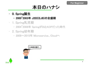 For Beginner
本日のハナシ
• 0. Spring誕生
– 2000~2003年 J2EE(EJB)の全盛期
• 1. Spring乳児期
– 2004~2008年 SpringがDIとAOPだった時代
• 2. Spring幼年期
– 2009〜2015年 Microservice、Cloudへ
4
入社前の話だ…
 
