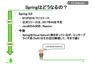 For Beginner
Springはどうなるの？
• Spring 5.0
– M1が2016/7にリリース
– 正式リリースは、2017年4Qを予定
– Java8のみ対応、Reactor
• 今後
– SpringはCloud Nativeに舵をきっているが、エンタープ
ライズ系（SoR）はその辺は無視して、今まで通り
2017
2020
43
ここまでお付合いありがとうよ
 