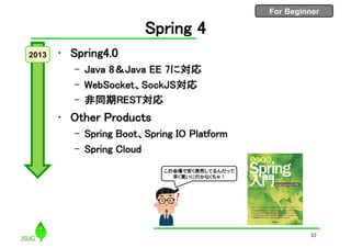 For Beginner
Spring 4
• Spring4.0
– Java 8＆Java EE 7に対応
– WebSocket、SockJS対応
– 非同期REST対応
• Other Products
– Spring Boot、Spring IO Platform
– Spring Cloud
2013
32
この会場で安く発売してるんだって
早く買いに行かなくちゃ！
 