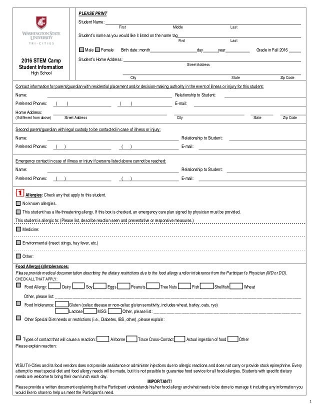 2016 stem camp high school student info form pdf writable student information form