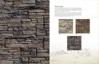 FoundFoundFoundFoundFound
Hudson Farmledge
In the early 1800’s farmers would remove rocks from their land in preparation
for crops and livestock, often stacking the stones into long walls to help divide
properties. It was estimated around 1871 that over 250,000 miles of stone walls
existed across New England and New York.
The irregular stone shapes, sizes and textures of Farmledge have been molded
into stone panels to re-create the time honored look of stacked stone with the
beneﬁt of a simpliﬁed installation. Farmledge stone panels are approximately
4⅞" high with varying lengths ranging from 7¾"–19¾".
Farmledge
Westchester Farmledge
Westchester Farmledge
Hamilton Farmledge
 