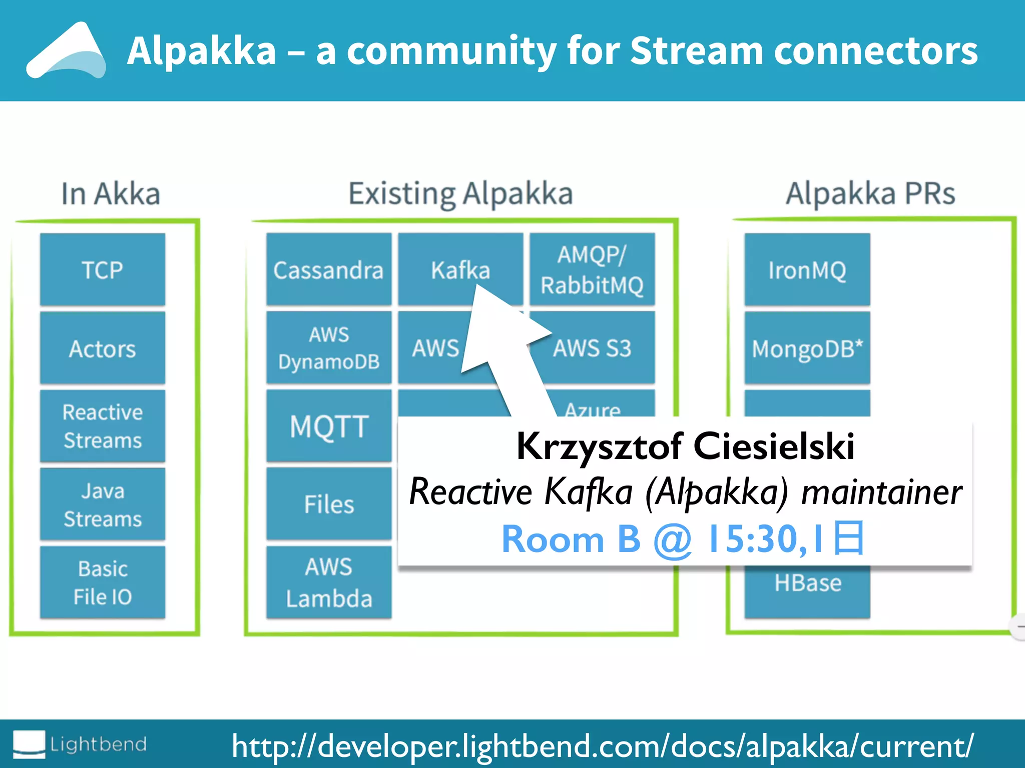 Alpakka – a community for Stream connectors
http://developer.lightbend.com/docs/alpakka/current/
Krzysztof Ciesielski
Reactive Kafka (Alpakka) maintainer
Room B @ 15:30,1日
 