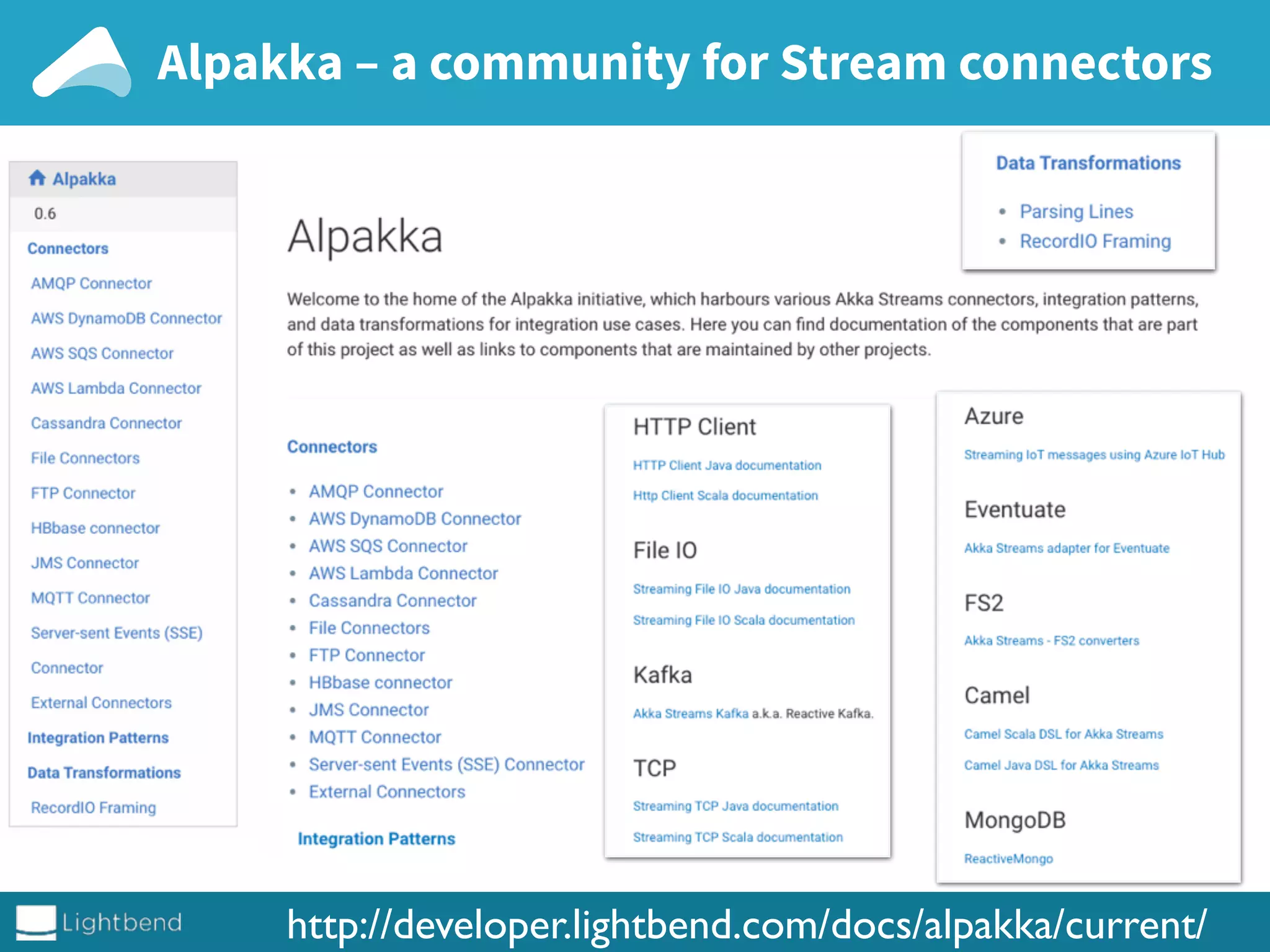 Alpakka – a community for Stream connectors
http://developer.lightbend.com/docs/alpakka/current/
 