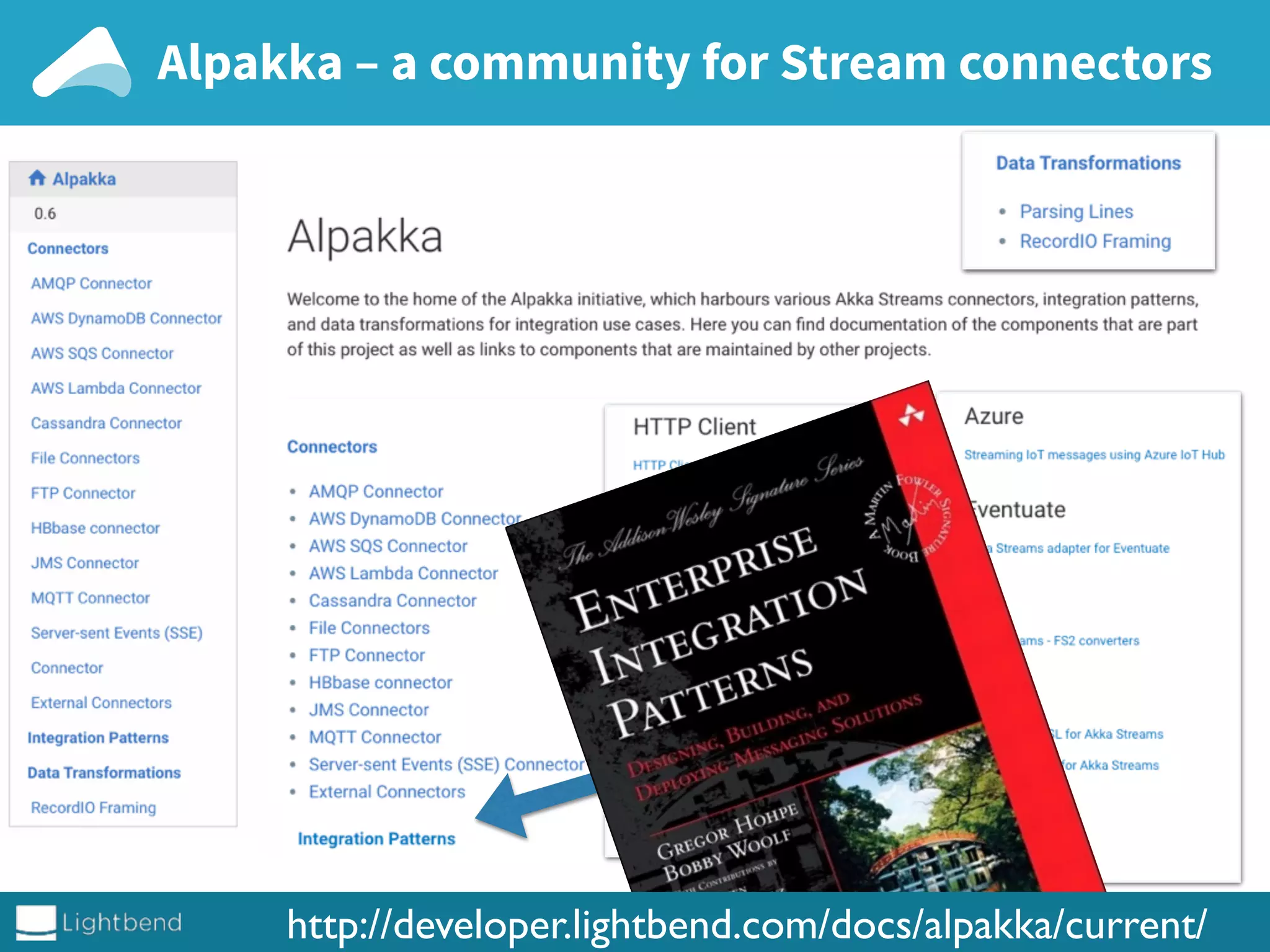 Alpakka – a community for Stream connectors
http://developer.lightbend.com/docs/alpakka/current/
 