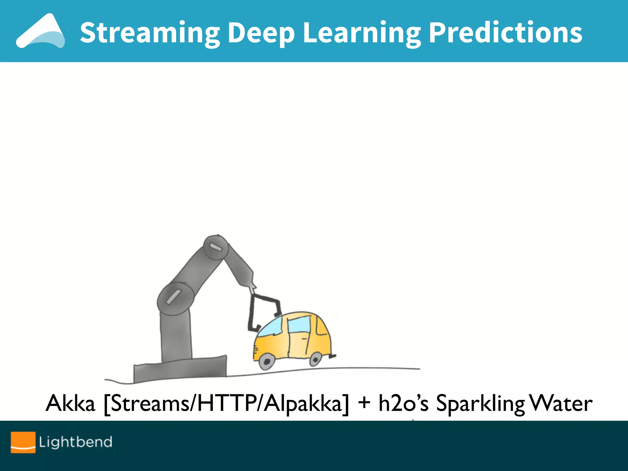 Streaming Deep Learning Predictions
Akka [Streams/HTTP/Alpakka] + h2o’s Sparkling Water
 