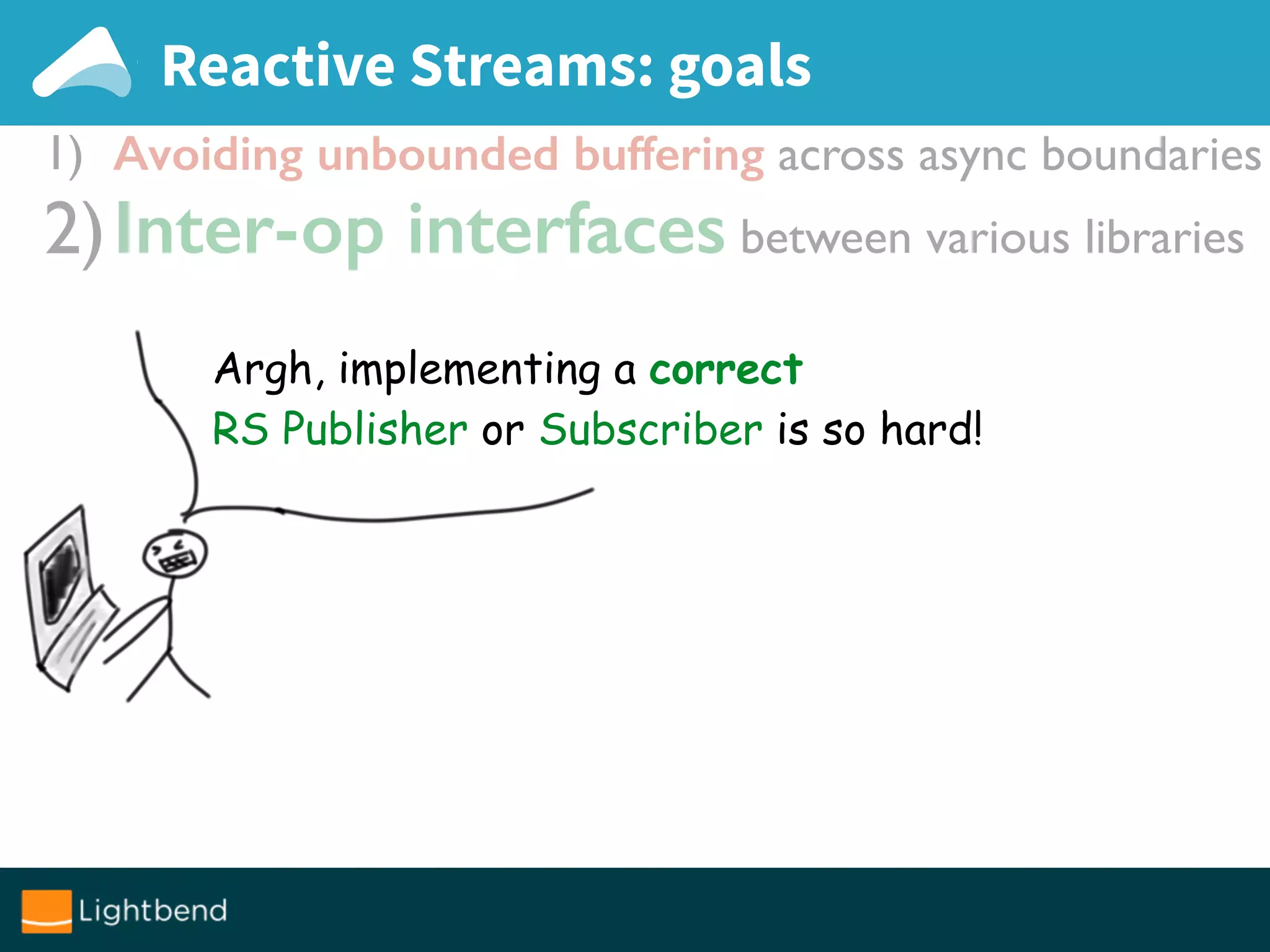 Reactive Streams: goals
1) Avoiding unbounded buffering across async boundaries
2)Inter-op interfaces between various libraries
Argh, implementing a correct
RS Publisher or Subscriber is so hard!
 