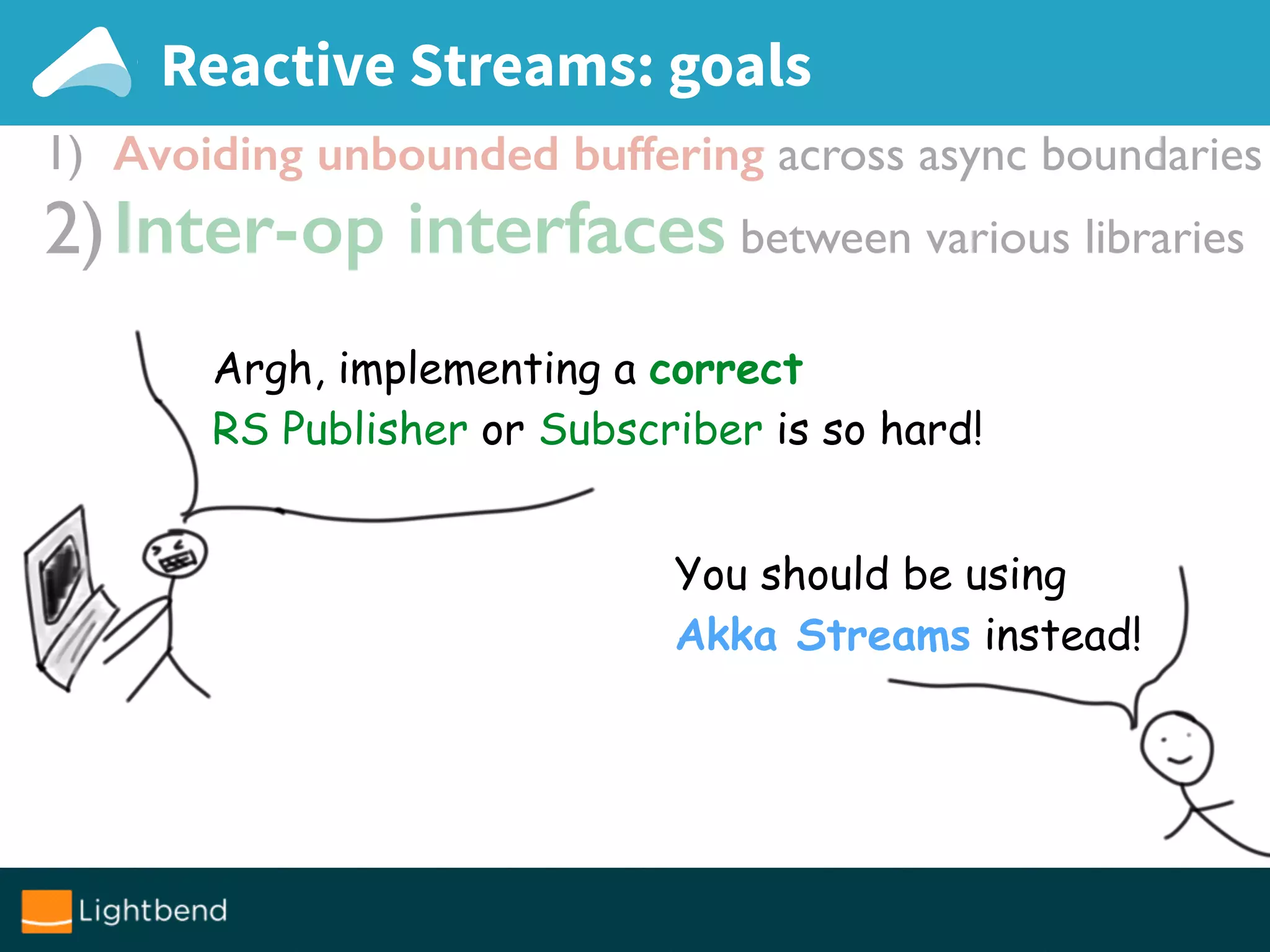 Reactive Streams: goals
Argh, implementing a correct
RS Publisher or Subscriber is so hard!
You should be using
Akka Streams instead!
1) Avoiding unbounded buffering across async boundaries
2)Inter-op interfaces between various libraries
 