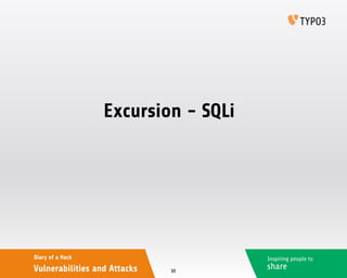 Inspiring people to
share
Diary of a Hack
Vulnerabilities and Attacks
Excursion - SQLi
30
 