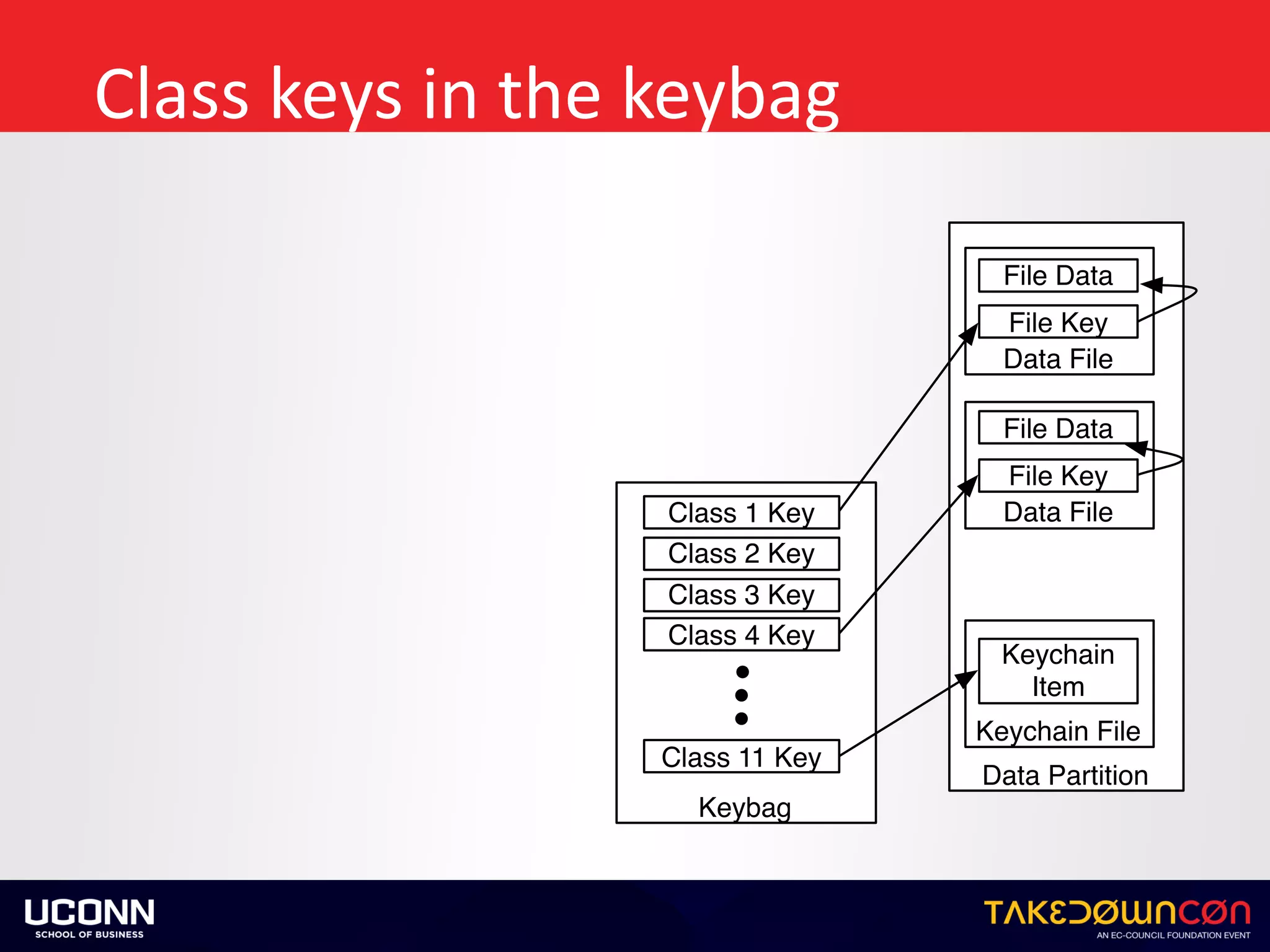 Class	keys	in	the	keybag
Data Partition
Data File
File Key
File Data
Keybag
Class 11 Key
Class 1 Key
Class 2 Key
Class 3 Key
Class 4 Key
Keychain File
Keychain
Item
Data File
File Key
File Data
 