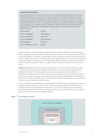 11© TEARFUND 2016
Análise PESTLE/STEEPL
Esta pesquisa exploratória visa identificar e descrever os exemplos na literatura de cadeias de suprimentos
sendo desenvolvidas rumo à economia circular, buscando analisar seus impactos ambientais, econômicos
e sociais. A fim de avaliar a viabilidade dos modelos circulares e seus benefícios, foi realizada uma revisão
bibliográfica de estudos de casos brasileiros em gestão da cadeia de suprimentos, utilizando a metodologia
de análise STEEPL para uma melhor compreensão de seis dimensões. A análise PESTLE/STEEPL é empregada
pelas organizações com o objetivo principal de identificar os diversos fatores com influência no ambiente
externo em que a organização se insere (Babette e Fleisher, 2008). As seis dimensões que compõem a
análise STEEPL são:
Fatores sociais	(Social)
Fatores tecnológicos	(Technological)
Fatores econômicos	(Economic)
Fatores ambientais	(Environmental)
Fatores políticos	(Political)
Fatores jurídicos (se houver)	(Legal)
Segundo a literatura, a economia circular pode apresentar diferentes níveis de adoção, como normas de design,
reparo e reutilização, remanufatura, além de modelos de negócio alternativos, como na economia de performance e
na economia colaborativa. No entanto, as atuais posturas e políticas relativas ao manejo de resíduos aparentam ser
focadas nos ganhos mais imediatos, sobretudo no Brasil, onde a gestão de resíduos é uma questão muito atual após
a recente promulgação da Política Nacional de Resíduos Sólidos (PNRS). Dessa forma, o presente estudo mantém
o foco primariamente na gestão de resíduos e na logística reversa como pontos de partida para uma economia
circular.
A logística reversa refere-se à criação de sistemas que permitam o retorno de materiais e produtos recicláveis
ou reutilizáveis à cadeia de suprimentos (Meade e Sarkis, 2002). É um processo que envolve o planejamento,
implantação e controle de um fluxo de materiais, de processos de produção, de produtos acabados e de
informações relacionadas, desde o ponto de consumo até o ponto de origem, por meio de canais de distribuição
reversos, com o propósito de recuperar valor ou garantir o descarte de forma apropriada, aspectos que exigem um
fluxo eficiente e de baixo custo (Valle e Souza, 2014). Analisamos estudos de caso em logística reversa relacionados
a diversas cadeias de suprimentos existentes no Brasil.
A economia circular foi enquadrada dentro das três dimensões do desenvolvimento sustentável (social, econômica,
ambiental). Inserida na economia circular, a PNRS é um instrumento adotado pelo governo brasileiro que tem
o potencial de promover os conceitos da economia circular no país. Por fim, a logística reversa é um elemento-
chave da PNRS que possibilitará a adoção e a difusão da economia circular em diversas iniciativas locais. A Figura 1
permite uma melhor compreensão da abordagem adotada:
	 Figura 1	 Metodologia de pesquisa
SOCIAL, ECONÔMICA, AMBIENTAL
ECONOMIA CIRCULAR
POLÍTICA NACIONAL
DE RESÍDUOS SÓLIDOS
LOGÍSTICA
REVERSA
 