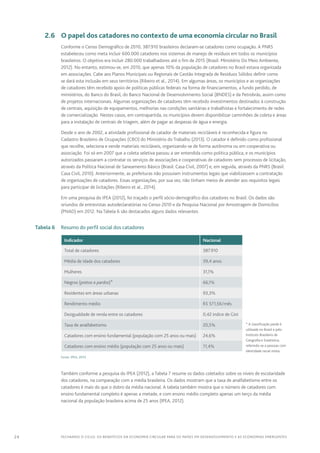24 FECHANDO O CICLO: Os benefícios da economia circular para os países em desenvolvimento e as economias emergentes
	 2.6	 O papel dos catadores no contexto de uma economia circular no Brasil
Conforme o Censo Demográfico de 2010, 387.910 brasileiros declaram-se catadores como ocupação. A PNRS
estabeleceu como meta incluir 600.000 catadores nos sistemas de manejo de resíduos em todos os municípios
brasileiros. O objetivo era incluir 280.000 trabalhadores até o fim de 2015 (Brasil: Ministério Do Meio Ambiente,
2012). No entanto, estimou-se, em 2010, que apenas 10% da população de catadores no Brasil estava organizada
em associações. Cabe aos Planos Municipais ou Regionais de Gestão Integrada de Resíduos Sólidos definir como
se dará esta inclusão em seus territórios (Ribeiro et al., 2014). Em algumas áreas, os municípios e as organizações
de catadores têm recebido apoio de políticas públicas federais na forma de financiamentos, a fundo perdido, de
ministérios, do Banco do Brasil, do Banco Nacional de Desenvolvimento Social (BNDES) e da Petrobrás, assim como
de projetos internacionais. Algumas organizações de catadores têm recebido investimentos destinados à construção
de centrais, aquisição de equipamentos, melhorias nas condições sanitárias e trabalhistas e fortalecimento de redes
de comercialização. Nestes casos, em contrapartida, os municípios devem disponibilizar caminhões de coleta e áreas
para a instalação de centrais de triagem, além de pagar as despesas de água e energia.
Desde o ano de 2002, a atividade profissional de catador de materiais recicláveis é reconhecida e figura no
Cadastro Brasileiro de Ocupações (CBO) do Ministério do Trabalho (2013). O catador é definido como profissional
que recolhe, seleciona e vende materiais recicláveis, organizando-se de forma autônoma ou em cooperativa ou
associação. Foi só em 2007 que a coleta seletiva passou a ser entendida como política pública, e os municípios
autorizados passaram a contratar os serviços de associações e cooperativas de catadores sem processos de licitação,
através da Política Nacional de Saneamento Básico (Brasil: Casa Civil, 2007) e, em seguida, através da PNRS (Brasil:
Casa Civil, 2010). Anteriormente, as prefeituras não possuíam instrumentos legais que viabilizassem a contratação
de organizações de catadores. Essas organizações, por sua vez, não tinham meios de atender aos requisitos legais
para participar de licitações (Ribeiro et al., 2014).
Em uma pesquisa do IPEA (2012), foi traçado o perfil sócio-demográfico dos catadores no Brasil. Os dados são
oriundos de entrevistas autodeclaratórias no Censo 2010 e da Pesquisa Nacional por Amostragem de Domicílios
(PNAD) em 2012. Na Tabela 6 são destacados alguns dados relevantes:
	 Tabela 6	 Resumo do perfil social dos catadores
Indicador	 Nacional
Total de catadores 387.910
Média de idade dos catadores 39,4 anos
Mulheres 31,1%
Negros (pretos e pardos)* 66,1%
Residentes em áreas urbanas 93,3%
Rendimento médio R$ 571,56/mês
Desigualdade de renda entre os catadores 0,42 índice de Gini
Taxa de analfabetismo 20,5%
Catadores com ensino fundamental (população com 25 anos ou mais) 24,6%
Catadores com ensino médio (população com 25 anos ou mais) 11,4%
Fonte: IPEA, 2013
Também conforme a pesquisa do IPEA (2012), a Tabela 7 resume os dados coletados sobre os níveis de escolaridade
dos catadores, na comparação com a média brasileira. Os dados mostram que a taxa de analfabetismo entre os
catadores é mais do que o dobro da média nacional. A tabela também mostra que o número de catadores com
ensino fundamental completo é apenas a metade, e com ensino médio completo apenas um terço da média
nacional da população brasileira acima de 25 anos (IPEA, 2012).
* A classificação parda é
utilizada no Brasil e pelo
Instituto Brasileiro de
Geografia e Estatística,
referindo-se a pessoas com
identidade racial mista.
 