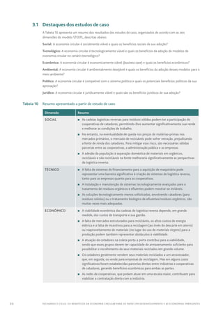 30 FECHANDO O CICLO: Os benefícios da economia circular para os países em desenvolvimento e as economias emergentes
	 3.1	 Destaques dos estudos de caso
A Tabela 10 apresenta um resumo dos resultados dos estudos de caso, organizados de acordo com as seis
dimensões do modelo STEEPL, descritas abaixo:
Social: A economia circular é socialmente viável e quais os benefícios sociais da sua adoção?
Tecnológico: A economia circular é tecnologicamente viável e quais os benefícios da adoção de modelos de
economia circular no cenário tecnológico?
Econômico: A economia circular é economicamente viável (business case) e quais os benefícios econômicos?
Ambiental: A economia circular é ambientalmente desejável e quais os benefícios da adoção desses modelos para o
meio ambiente?
Político: A economia circular é compatível com o sistema político e quais os potenciais benefícios políticos da sua
aprovação?
Jurídico: A economia circular é juridicamente viável e quais são os benefícios jurídicos de sua adoção?
	 Tabela 10	 Resumo apresentado a partir de estudo de caso
Dimensão Resumo
Social n	As cadeias logísticas reversas para resíduos sólidos podem ter a participação de
cooperativas de catadores, permitindo-lhes aumentar significativamente sua renda
e melhorar as condições de trabalho.
n	 No entanto, na eventualidade de queda nos preços de matérias-primas nos
mercados primários, o mercado de recicláveis pode sofrer retração, prejudicando
a fonte de renda dos catadores. Para mitigar esse risco, são necessárias sólidas
parcerias entre as cooperativas, a administração pública e as empresas.
n	A adesão da população à separação doméstica de materiais em orgânicos,
recicláveis e não recicláveis na fonte melhoraria significativamente as perspectivas
da logística reversa.
Técnico n	A falta de sistemas de financiamento para a aquisição de maquinário pode
representar uma barreira significativa à criação de sistemas de logística reversa,
tanto para as empresas quanto para as cooperativas.
n	A instalação e manutenção de sistemas tecnologicamente avançados para o
tratamento de resíduos orgânicos e efluentes podem mostrar-se inviáveis.
n	As soluções tecnologicamente menos sofisticadas, envolvendo catadores (para
resíduos sólidos) ou o tratamento biológico de efluentes/resíduos orgânicos, são
muitas vezes mais adequadas.
Econômico n	A viabilidade econômica das cadeias de logística reversa depende, em grande
medida, dos custos de transporte e sua gestão.
n	A falta de mercados estruturados para recicláveis, os altos custos de energia
elétrica e a falta de incentivos para a reciclagem (ao invés do descarte em aterro)
ou reaproveitamento de materiais (no lugar do uso de materiais virgens) para a
produção podem também representar obstáculos à viabilidade.
n	A atuação de catadores na coleta porta a porta contribui para a viabilidade,
sendo que esses grupos devem ter capacidade de armazenamento suficiente para
possibilitar o recolhimento de seus materiais reciclados em grande volume.
n	Os catadores geralmente vendem seus materiais reciclados a um atravessador,
que, em seguida, os vende para empresas de reciclagem. Mas em alguns casos
significativos foram estabelecidas parcerias diretas entre indústrias e cooperativas
de catadores, gerando benefícios econômicos para ambas as partes.
n	As redes de cooperativas, que podem atuar em uma escala maior, contribuem para
viabilizar a contratação direta com a indústria.
 