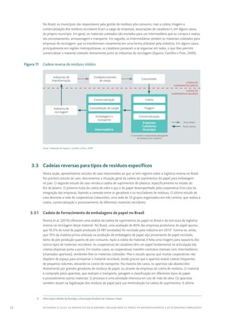 32 FECHANDO O CICLO: Os benefícios da economia circular para os países em desenvolvimento e as economias emergentes
No Brasil, os municípios são responsáveis pela gestão de resíduos pós-consumo, mas a coleta, triagem e
comercialização dos resíduos recicláveis ficam a cargo de empresas, associações de catadores e, em alguns casos,
do próprio município. Em geral, os materiais coletados são enviados para um intermediário que os compra e realiza
seu processamento, armazenagem e transporte. Em seguida, os intermediários vendem os materiais coletados para
empresas de reciclagem, que os transformam novamente em uma forma utilizável pela indústria. Em alguns casos,
principalmente em regiões metropolitanas, os catadores passaram a se organizar em redes, o que lhes permite
comercializar o material coletado diretamente junto às indústrias de reciclagem (Aquino, Castilho e Pires, 2009).
	 Figura 11	Cadeia reversa de resíduos sólidos
Cadeia de
Suprimentos Direta
Cadeia de
Suprimentos Reversa
Indústrias de
transformação
Estabelecimentos
de varejo
Empresas
Catadores
MunicípioIntermediário
Indústria de
reciclagem
Consumidor
TriagemConsolidação de cargas
ColetaComercialização
ComercializaçãoEmbalagem e
transporte
O município é responsável pela gestão
de resíduos pós-consumo
  Fluxo direto
  Fluxo reverso
Fonte: Adaptado de Aquino, Castilho e Pires, 2009
	 3.3	 Cadeias reversas para tipos de resíduos específicos
Nesta seção, apresentamos estudos de caso relacionados ao que se tem registro sobre a logística reversa no Brasil.
No primeiro estudo de caso, descrevemos a situação geral da cadeia de suprimentos do papel para embalagem
no país. O segundo estudo de caso retrata a cadeia de suprimentos do plástico, especificamente no estado do
Rio de Janeiro. O próximo trata da coleta de vidro e aço e do papel desempenhado pela cooperativa Vira-Lata na
integração das empresas, fazendo a conexão entre os geradores e os recicladores de resíduos. O último estudo de
caso descreve a rede de cooperativas Cataunidos, uma rede de 33 grupos organizados em três centros, que realiza a
coleta, comercialização e processamento de diferentes materiais recicláveis.
	 3.3.1	 Cadeia de fornecimento de embalagens de papel no Brasil
Pereira et al. (2014) oferecem uma análise da cadeia de suprimentos do papel no Brasil e da estrutura de logística
reversa na reciclagem desse material. No Brasil, uma avaliação de 80% das empresas produtoras de papel apurou
que 45,5% do total de papel produzido (4.481 toneladas) foi reciclado pela indústria em 20136
. Estima-se, ainda,
que 70% da matéria-prima utilizada na produção de embalagens de papel seja proveniente de papel reciclado,
tanto de pós-produção quanto de pós-consumo. Após a coleta do material, é feita uma triagem para separá-lo dos
outros tipos de materiais recicláveis. As cooperativas de catadores têm um papel fundamental na articulação das
coletas dispersas porta a porta. Em muitos casos, as cooperativas mantêm contratos mensais com intermediários
(chamados aparistas), vendendo-lhes os materiais coletados. Mas o estudo apurou que muitas cooperativas não
dispõem de espaço para armazenar o material reciclável, sendo preciso que o aparista realize coletas frequentes
de pequenos volumes, elevando os custos de transporte. Na maioria dos casos, os aparistas são abastecidos
diretamente por grandes geradores de resíduos de papel, ou através de empresas de coleta de resíduos. O material
é comprado pelos aparistas, que realizam o transporte, pesagem e classificação em diferentes tipos de papel
e possivelmente outros materiais. O processo é uma atividade intensiva em uso de mão de obra. Os aparistas
também atuam na legalização dos resíduos de papel para sua reintrodução na cadeia de suprimentos. A última
	 6	 Informações obtidas da Bracelpa, a Associação Brasileira de Celulose e Papel
 