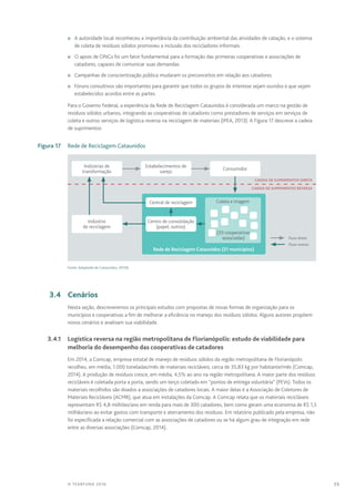 39© TEARFUND 2016
n	 A autoridade local reconheceu a importância da contribuição ambiental das atividades de catação, e o sistema
de coleta de resíduos sólidos promoveu a inclusão dos recicladores informais.
n	 O apoio de ONGs foi um fator fundamental para a formação das primeiras cooperativas e associações de
catadores, capazes de comunicar suas demandas.
n	 Campanhas de conscientização pública mudaram os preconceitos em relação aos catadores.
n	 Fóruns consultivos são importantes para garantir que todos os grupos de interesse sejam ouvidos e que sejam
estabelecidos acordos entre as partes.
Para o Governo Federal, a experiência da Rede de Reciclagem Cataunidos é considerada um marco na gestão de
resíduos sólidos urbanos, integrando as cooperativas de catadores como prestadores de serviços em serviços de
coleta e outros serviços de logística reversa na reciclagem de materiais (IPEA, 2013). A Figura 17 descreve a cadeia
de suprimentos:
	 Figura 17	 Rede de Reciclagem Cataunidos
Cadeia de Suprimentos Direta
Cadeia de Suprimentos Reversa
Indústrias de
transformação
Estabelecimentos de
varejo
Rede de Reciclagem Cataunidos (31 municípios)
Indústria
de reciclagem
Consumidor
Central de reciclagem Coleta e triagem
Centro de consolidação
(papel, outros)
  Fluxo direto
  Fluxo reverso
(33 cooperativas
associadas)
Fonte: Adaptado de Cataunidos, 2015b
	 3.4	Cenários
Nesta seção, descreveremos os principais estudos com propostas de novas formas de organização para os
municípios e cooperativas a fim de melhorar a eficiência no manejo dos resíduos sólidos. Alguns autores propõem
novos cenários e analisam sua viabilidade.
	 3.4.1	 Logística reversa na região metropolitana de Florianópolis: estudo de viabilidade para
melhoria do desempenho das cooperativas de catadores
Em 2014, a Comcap, empresa estatal de manejo de resíduos sólidos da região metropolitana de Florianópolis
recolheu, em média, 1.000 toneladas/mês de materiais recicláveis, cerca de 35,83 kg por habitante/mês (Comcap,
2014). A produção de resíduos cresce, em média, 4,5% ao ano na região metropolitana. A maior parte dos resíduos
recicláveis é coletada porta a porta, sendo um terço coletado em “pontos de entrega voluntária” (PEVs). Todos os
materiais recolhidos são doados a associações de catadores locais. A maior delas é a Associação de Coletores de
Materiais Recicláveis (ACMR), que atua em instalações da Comcap. A Comcap relata que os materiais recicláveis
representam R$ 4,8 milhões/ano em renda para mais de 300 catadores, bem como geram uma economia de R$ 1,5
milhão/ano ao evitar gastos com transporte e aterramento dos resíduos. Em relatório publicado pela empresa, não
foi especificada a relação comercial com as associações de catadores ou se há algum grau de integração em rede
entre as diversas associações (Comcap, 2014).
 