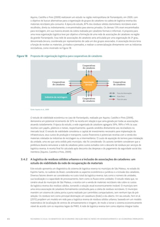 40 FECHANDO O CICLO: Os benefícios da economia circular para os países em desenvolvimento e as economias emergentes
Aquino, Castilho e Pires (2009) realizaram um estudo na região metropolitana de Florianópolis, em 2009, com
o objetivo de buscar alternativas para a organização de grupos de catadores na cadeia de logística reversa dos
materiais recicláveis pós-consumo. À época do estudo, 87% dos resíduos sólidos domiciliares recicláveis eram
recolhidos, direta ou indiretamente, e encaminhados para aterros privados. Os demais 13% eram encaminhados
para reciclagem, em sua maioria através da coleta realizada por catadores formais e informais. A proposta para
uma nova organização logística teve por objetivo a formação de uma rede de associações de catadores na região
da grande Florianópolis. Essa rede de associações de catadores seria articulada por uma organização de 2º grau,
denominada âncora, coordenada por representantes de cada um dos grupos associados. A associação âncora teria
a função de receber os materiais, já triados e prensados, e realizar a comercialização diretamente com as indústrias
recicladoras, como mostrado na Figura 18:
	 Figura 18	 Proposta de organização logística para cooperativas de catadores
Cooperativas
de catadores
Cooperativas
de catadores
Cooperativas
de catadores
Associação
âncora
Cooperativas
de catadores
Indústria de reciclagem
  Fluxo de informações
  Fluxo físico
  Fluxo de caixa
Fonte: Aquino et al., 2009
O estudo de viabilidade econômica no caso de Florianópolis, realizado por Aquino, Castilho e Pires (2009),
demonstra um potencial incremento de 32% na receita em relação à que seria gerada por todas as associações
atuando isoladamente. À época do estudo, a rede organizada de catadores agregaria 39%, 99% e 14% às suas
receitas com papéis, plásticos e metais, respectivamente, quando vendidos diretamente aos recicladores no
mercado local. O estudo de viabilidade considerou o capital de investimento necessário para implantação da
infraestrutura, seus custos de produção e transporte, custos financeiros e potenciais receitas com a venda dos
materiais coletados às indústrias de reciclagem ou a intermediários. O custo de aquisição do terreno para instalação
da unidade, uma vez que seria cedido pelo município, não foi considerado. Os autores também consideram que a
prefeitura deveria remunerar a rede de catadores pelos custos evitados com o descarte de resíduos por serviços de
logística reversa. A receita final foi calculada após desconto das despesas e do pagamento da seguridade social dos
membros (Aquino, Castilho e Pires, 2009).
	 3.4.2	 A logística de resíduos sólidos urbanos e a inclusão de associações de catadores: um
estudo de viabilidade da rede de recuperação de materiais
Este estudo apresenta um diagnóstico do sistema de logística reversa no município de São Mateus, no estado do
Espírito Santo, no sudeste do Brasil, considerando os aspectos econômicos e jurídicos e a inclusão dos catadores.
Diversos fatores devem ser considerados no custo total da logística reversa, tais como o número de unidades,
sua localização e a capacidade de processamento, bem como os fluxos entre unidades. O estudo relata que, no
cenário atual do município de São Mateus, a receita com a venda de materiais recicláveis não cobre os custos
da logística reversa dos resíduos sólidos, tornando a solução atual economicamente inviável. O município tem
uma única associação de catadores formalmente constituída para a coleta de resíduos recicláveis. O município
mantém um sistema de coleta porta a porta realizado por caminhões compactadores, sem nenhum tipo de pré-
seleção. Os resíduos tem como principal destinação um vazadouro (lixão) a céu aberto. Em seu estudo, Ferri et al.
(2015) propõem um modelo em rede para a logística reversa de resíduos sólidos urbanos, baseado em um modelo
matemático de localização de centros de armazenamento e triagem, de modo a tornar o sistema economicamente
viável de acordo com os requisitos legais da PNRS. A rede de logística reversa tem como objetivo integrar todos
 