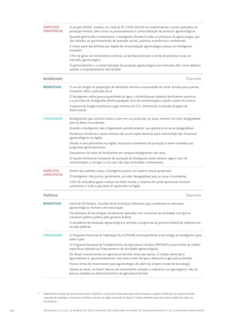 60 FECHANDO O CICLO: Os benefícios da economia circular para os países em desenvolvimento e as economias emergentes
Aspectos
específicos
O projeto SEMIA
7
recebeu um total de R$ 3.000.000,00 em investimentos a serem aplicados na
produção familiar, bem como no processamento e comercialização de produtos agroecológicos.
Quando gerenciado corretamente, o biodigestor fortalece todos os princípios da agroecologia, que
são voltados ao aprimoramento de questões sociais, políticas, econômicas e ambientais.
A maior parte das famílias que dispõe de uma produção agroecológica possui um biodigestor
instalado.
A fim de gerar um rendimento contínuo, as famílias priorizam a venda de produtos rurais no
mercado agroecológico.
O gerenciamento e a comercialização da produção agroecológica nos mercados têm como objetivo
auxiliar o empoderamento das famílias.
Ambientais	Diaconia
Benefícios O uso do biogás na preparação de alimentos elimina a necessidade de cortar árvores para queima,
enquanto reduz a poluição do ar.
O biodigestor utiliza pouca quantidade de água, o biofertilizante substitui fertilizantes químicos,
e o processo de biodigestão elimina qualquer risco de contaminação à saúde a partir do esterco.
A queima do biogás transforma o gás metano em CO2, diminuindo a emissão de gases de
efeito estufa.
Viabilidade Biodigestores que utilizam esterco suíno em sua produção, às vezes, emitem um odor desagradável
para as áreas circundantes.
Quando o biodigestor não é higienizado periodicamente, sua aparência torna-se desagradável.
Mudanças climáticas e secas intensas são as principais barreiras para manutenção das iniciativas
agroecológicas na região.
Devido à seca persistente na região, há poucos excedentes de produção a serem vendidos aos
programas governamentais.
Vazamentos de lodos de fertilizantes em tanques biodigestores são raros.
O líquido fertilizante resultante da produção do biodigestor pode oferecer algum risco de
contaminação a córregos e rios caso não seja controlado corretamente.
Aspectos
específicos
Dentro dos padrões rurais, o biodigestor possui um aspecto visual apropriado.
O biodigestor não produz, geralmente, um odor desagradável para as áreas circundantes.
A fim de neutralizar gases metano de efeito estufa, o sistema não pode apresentar nenhum
vazamento, e todo o gás deve ser queimado no fogão.
Políticos	Diaconia
Benefícios Cerca de 50 famílias, oriundas de 8 municípios diferentes que coordenam os mercados
agroecológicos, formam uma associação.
Há exemplos de tecnologias inicialmente aplicadas com iniciativas da sociedade civil que se
tornaram política pública pelo governo federal.
O excedente da produção agroecológica é vendido a programas do governo federal de refeições em
escolas públicas.
Viabilidade O Programa Nacional de Habitação Rural (PNHR) está expandindo a tecnologia do biodigestor para
todo o país.
O Programa Nacional de Fortalecimento da Agricultura Familiar (PRONAF) possui linhas de crédito
específicas voltadas ao financiamento de atividades agroecológicas.
No Brasil, investimentos em agricultura familiar ainda são baixos. O crédito oferecido à
agroindústria é, aproximadamente, sete vezes maior do que o oferecido à agricultura familiar.
Poucas linhas de investimento para agroecologia vão além da simples cessão de tecnologia.
Apesar de haver, no Brasil, bancos de investimento voltados à indústria e ao agronegócio, não há
bancos voltados ao desenvolvimento da agricultura familiar.
	 7	 Desenvolvido através de uma parceria entre a Tearfund e a Diaconia e financiado pela União Europeia, o projeto SEMIA tem por objetivo facilitar
a geração de empregos e renda para mulheres e jovens na região semiárida do Brasil. O projeto também opera em quatro cidades do Pajeú, no
Pernambuco.
 