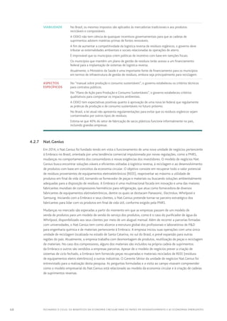 68 FECHANDO O CICLO: Os benefícios da economia circular para os países em desenvolvimento e as economias emergentes
Viabilidade No Brasil, os mesmos impostos são aplicados às mercadorias tradicionais e aos produtos
recicláveis e compostáveis.
A OEKO não tem ciência de quaisquer incentivos governamentais para que as cadeias de
suprimentos adotem matérias-primas de fontes renováveis.
A fim de aumentar a competitividade da logística reversa de resíduos orgânicos, o governo deve
tributar as externalidades ambientais e sociais relacionadas às operações de aterro.
É improvável que os municípios criem políticas de incentivo com base em isenções fiscais.
Os municípios que mantêm um plano de gestão de resíduos terão acesso a um financiamento
federal para a implantação de sistemas de logística reversa.
Atualmente, o Ministério da Saúde é uma importante fonte de financiamento para os municípios
em termos de infraestrutura de gestão de resíduos, embora seja principalmente para reciclagem.
Aspectos
específicos
No “manual sobre produção e consumo sustentáveis”, o governo estabeleceu os critérios técnicos
para contratos públicos.
No “Plano de Ação para Produção e Consumo Sustentáveis”, o governo estabeleceu critérios
qualitativos para compensar os impactos ambientais.
A OEKO tem expectativas positivas quanto à aprovação de uma nova lei federal que regulamente
as práticas de produção e de consumo sustentáveis no futuro próximo.
No Brasil, a lei atual não apresenta regulamentações para evitar que os resíduos orgânicos sejam
contaminados por outros tipos de resíduos.
Estima-se que 40% do setor de fabricação de sacos plásticos funciona informalmente no país,
incluindo grandes empresas.
	 4.2.7	Nat.Genius
Em 2014, o Nat.Genius foi fundado tendo em vista o funcionamento de uma nova unidade de negócios pertencente
à Embraco no Brasil, orientada por uma tendência comercial impulsionada por novas regulações, como a PNRS,
mudanças no comportamento dos consumidores e novas exigências dos investidores. O modelo de negócios Nat.
Genius busca encontrar soluções viáveis e eficientes voltadas à logística reversa, à reciclagem e ao desenvolvimento
de produtos com base em conceitos da economia circular. O objetivo consiste em recuperar todo o valor potencial
de resíduos provenientes de equipamentos eletroeletrônicos (REEE), reaproveitar ao máximo a utilidade de
produtos em final de vida útil, tornando-se fornecedor de peças e materiais ou buscando soluções ambientalmente
adequadas para a disposição de resíduos. A Embraco é uma multinacional focada em inovação e uma das maiores
fabricantes mundiais de compressores herméticos para refrigeração, que atua como fornecedora de diversos
fabricantes de equipamentos eletroeletrônicos, dentre os quais se destacam Panasonic, Electrolux, Whirlpool e
Samsung. Iniciando com a Embraco e seus clientes, o Nat.Genius pretende tornar-se parceiro estratégico dos
fabricantes para lidar com os produtos em final de vida útil, conforme exigido pela PNRS.
Mudanças no mercado são esperadas a partir do momento em que as empresas passam de um modelo de
venda de produtos para um modelo de venda do serviço dos produtos, como é o caso do purificador de água da
Whirlpool, disponibilizado aos seus clientes por meio de um aluguel mensal. Além de recorrer a parcerias firmadas
com universidades, o Nat.Genius tem como alicerce a estrutura global dos profissionais e laboratórios de PD
para engenharia química e de materiais pertencente à Embraco. A empresa iniciou suas operações com uma única
unidade de reciclagem localizada no estado de Santa Catarina, no sul do Brasil, e prevê expansão para outras
regiões do país. Atualmente, a empresa trabalha com desmontagem de produtos, reutilização de peças e reciclagem
de materiais. No caso dos compressores, alguns dos materiais são incluídos na própria cadeia de suprimentos
da Embraco e outros são vendidos a empresas parceiras. Apesar de o modelo de negócios prever a criação de
sistemas de ciclo fechado, a Embraco tem fornecido peças recuperadas e materiais reciclados de REEE (resíduos
de equipamentos eletro eletrônicos) a outras indústrias. O Gerente Sênior da unidade de negócios Nat.Genius foi
entrevistado para a realização desta pesquisa. As perguntas formuladas e a visita ao campo visavam compreender
como o modelo empresarial do Nat.Genius está relacionado ao modelo da economia circular e à criação de cadeias
de suprimentos reversas.
 
