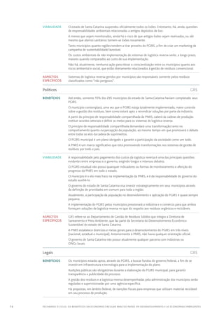 74 FECHANDO O CICLO: Os benefícios da economia circular para os países em desenvolvimento e as economias emergentes
Viabilidade O estado de Santa Catarina suspendeu oficialmente todos os lixões. Entretanto, há, ainda, questões
de responsabilidades ambientais relacionadas a antigos depósitos de lixo.
A menos que sejam monitorados, ainda há o risco de que antigos lixões sejam reativados, ou até
mesmo que aterros sanitários tornem-se lixões novamente.
Tanto municípios quanto regiões tendem a tirar proveito do PGIRS, a fim de criar um marketing de
campanha de sustentabilidade favorável.
Os custos ambientais da não implementação de sistemas de logística reversa serão, a longo prazo,
maiores quando comparados ao custo de sua implementação.
Não há, atualmente, nenhuma ação para elevar a conscientização entre os municípios quanto aos
riscos ambiental e social, que estão diretamente relacionados à gestão de resíduos convencional.
Aspectos
específicos
Sistemas de logística reversa geridos por municípios são responsáveis somente pelos resíduos
classificados como “não perigosos”.
Políticos	GRS
Benefícios Até então, somente 70% dos 295 municípios do estado de Santa Catarina haviam completado seus
PGIRS.
O município contemplará, uma vez que o PGIRS esteja totalmente implementado, maior controle
sobre a gestão dos resíduos, bem como estará apto a reivindicar soluções por parte da indústria.
A partir do princípio de responsabilidade compartilhada da PNRS, caberá às cadeias de produção
instituir acordos setoriais e definir as metas para os sistemas de logística reversa.
O princípio de responsabilidade compartilhada demandará uma transformação tanto no
comportamento quanto na percepção da população, ao mesmo tempo em que promoverá o debate
entre todos os elos da cadeia de suprimentos.
O PGIRS municipal é um plano obrigado a garantir a participação da sociedade como um todo.
A PNRS é um marco significativo que está promovendo transformações nos sistemas de gestão de
resíduos por todo o país.
Viabilidade A responsabilidade pelo pagamento dos custos da logística reversa é uma das principais questões
evidentes entre empresas e o governo, exigindo longos e intensos debates.
O PGIRS estadual não possui quaisquer indicadores ou formas de monitoramento e aferição do
progresso da PNRS em todo o estado.
O município é o elo mais fraco na implementação da PNRS, e é da responsabilidade do governo do
estado auxiliá-lo.
O governo do estado de Santa Catarina visa investir estrategicamente em seus municípios através
da definição de prioridades em comum para toda a região.
Atualmente, a participação da população no desenvolvimento e aplicação do PGIRS é quase sempre
pequena.
A implementação do PGIRS pelos municípios pressionará a indústria e o comércio para que ambos
forneçam soluções de logística reversa no que diz respeito aos resíduos orgânicos e recicláveis.
Aspectos
específicos
GRS refere-se ao Departamento de Gestão de Resíduos Sólidos que integra a Diretoria de
Saneamento e Meio Ambiente, que faz parte da Secretaria do Desenvolvimento Econômico
Sustentável do estado de Santa Catarina.
A PNRS estabelece diretrizes e metas gerais para o desenvolvimento do PGIRS em três níveis
(nacional, estadual e municipal). Anteriormente à PNRS, não havia qualquer orientação oficial.
O governo de Santa Catarina não possui atualmente qualquer parceria com indústrias ou
ONGs locais.
Legais	GRS
Benefícios Os municípios estarão aptos, através do PGIRS, a buscar fundos do governo federal, a fim de se
investir em infraestrutura e tecnologia para a implementação do plano.
Audições públicas são obrigatórias durante a elaboração do PGIRS municipal, para garantir
transparência e publicidade do processo.
A gestão dos resíduos e a logística reversa desempenhadas pela administração dos municípios serão
reguladas e supervisionadas por uma agência específica.
Há propostas, em âmbito federal, de isenções fiscais para empresas que utilizam material reciclável
em seu processo de produção.
 